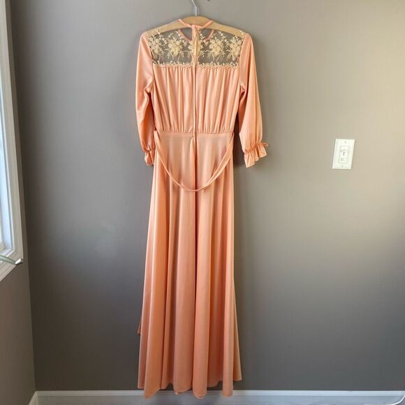 Vintage 70s Peach Maxi Dress Lace Bodice Boho Formal Prom Gown Halloween Costume - Picture 3 of 6